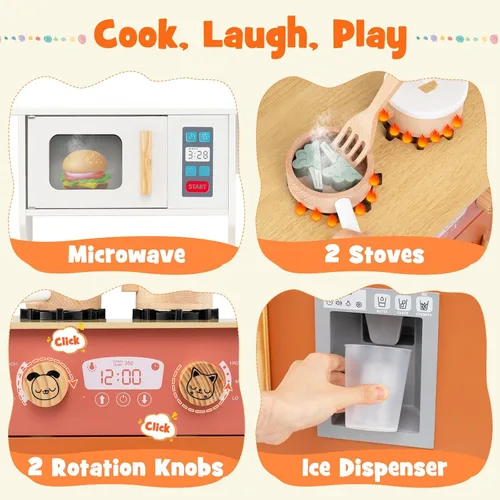 Miniatura 2 de Costzon Cocina de juego para niños, juego de cocina Little Chef con microondas, estufas, pomos de rotación, dispensador de hielo, grifo, fregadero