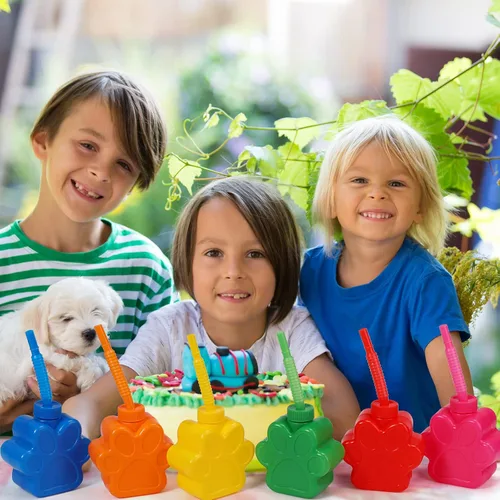 Miniatura 5 de Sratte 24 tazas de patas de perro de 10 onzas para niños con popote y tapa, suministros de fiesta de cumpleaños de perro, taza de plástico