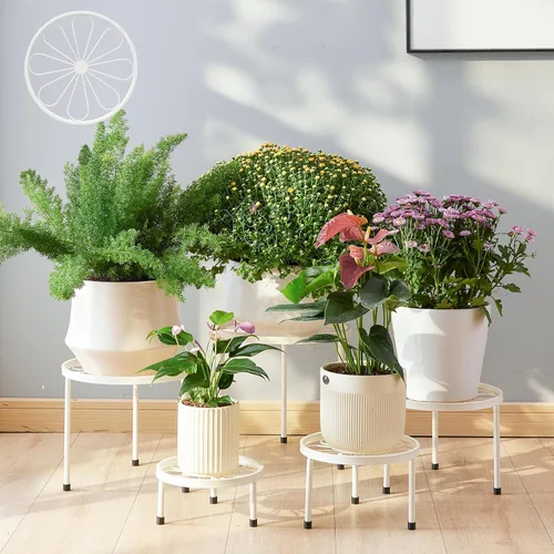 Miniatura 10 de Soporte para plantas, paquete de 5 soportes resistentes para macetas, estantes de decoración de metal, estante redondo para plantas para macetas