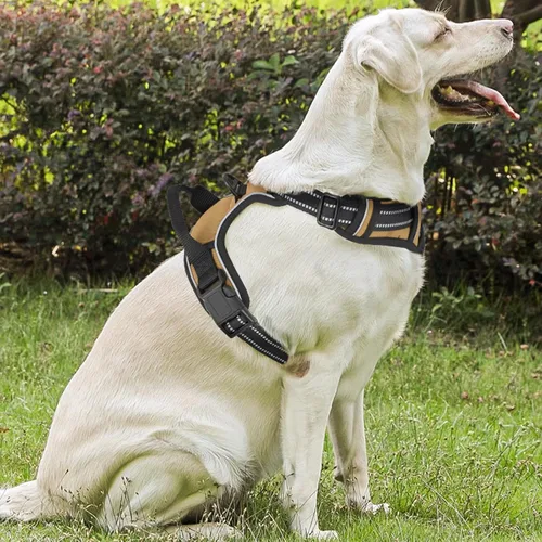 Miniatura 3 de MoNiBloom Arnés reflectante para perro, arnés de chaleco sin tirones con asa, arnés acolchado suave ajustable para perros grandes, marrón claro, L