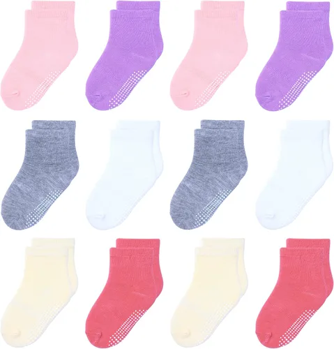 Miniatura 21 de 12 paquetes de calcetines antideslizantes para niños y bebés con agarre para niños de 1-7 años, calcetines de algodón de tripa para niños y niñas