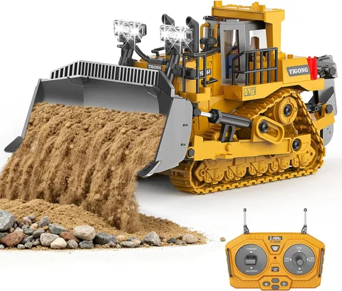 Bulldozer de juguete RC con hoja de metal, luz y sonido, 9CH 2.4GHz control remoto camión de construcción, tractor topador juguetes para niños de 3