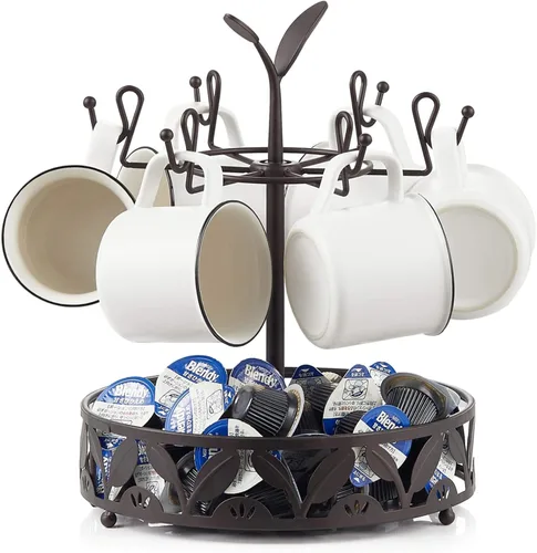 Soporte para taza de café con almacenamiento de cesta de cápsulas de café, soporte giratorio para tazas de 6 capacidades, soporte para tazas de