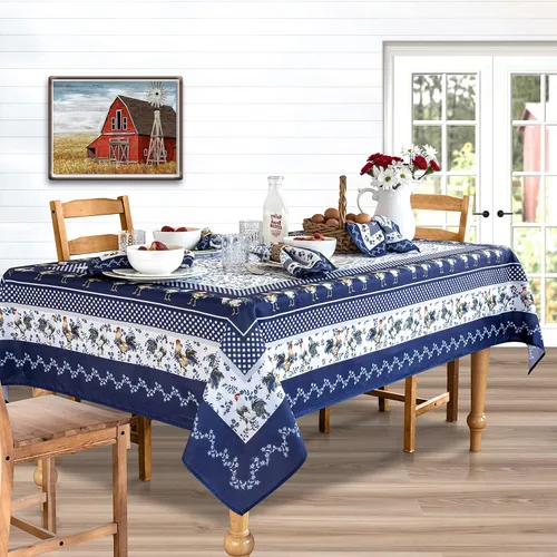 Miniatura 3 de Home Bargains Plus Mantel rectangular de tela, 52 x 70 pulgadas, gallo azul provenzal, resistente a las arrugas, el agua y las manchas, color granja