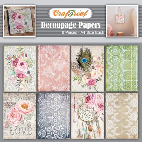 CrafTreat Papel de decoupage bohemio A4 (8.3 x 11.7 pulgadas), 8 hojas de papel bohemio impreso para muebles, álbumes de recortes, collage y