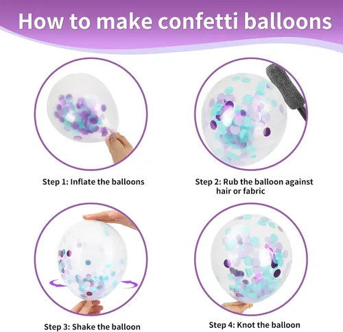 Miniatura 4 de RUBFAC Juego de 65 globos de guirnalda de sirena, globos metálicos de 12 pulgadas de color morado y verde, globos de confeti de látex morado, azul