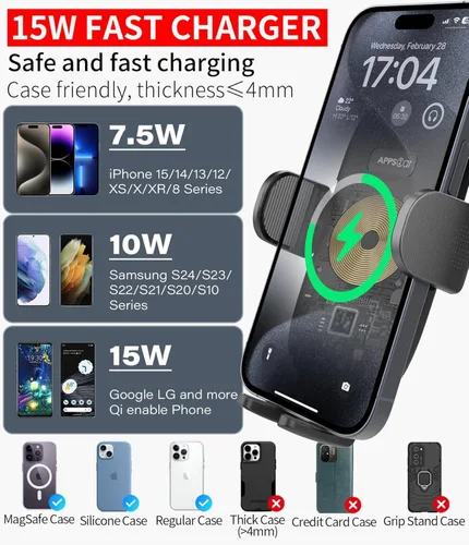 Miniatura 8 de APPS2Car Soporte para teléfono cargador inalámbrico para automóvil, soporte de coche de carga rápida Qi de 15 W, brazo largo ajustable y rotación