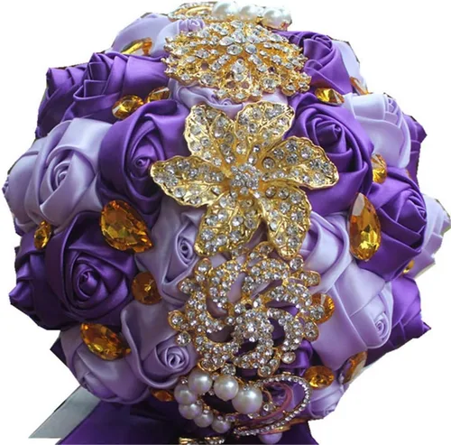 Miniatura 6 de Ramo de novia de 8 pulgadas con rosas de satén de 8 pulgadas con broches de cristal dorado hecho a medida, arreglo de centro de mesa, ramo azul real
