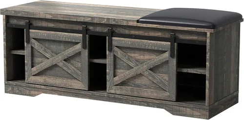 Miniatura 4 de Holaki Banco de zapatos de 47 pulgadas con almacenamiento, banco de zapatos de granja con puerta corrediza de granero, banco de entrada con espacio