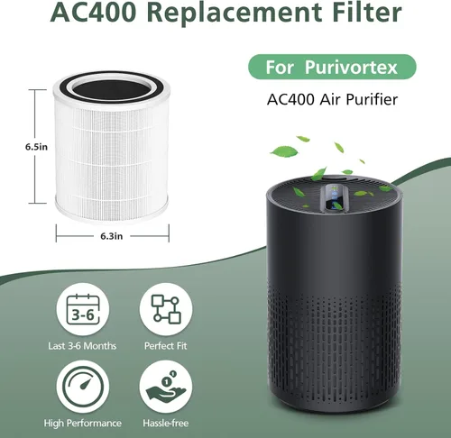 Miniatura 7 de Paquete de 2 filtros de repuesto para purificadores de aire AC400 Purivortex AC400, tecnología HEPA 3 en 1 de alta eficiencia, color blanco