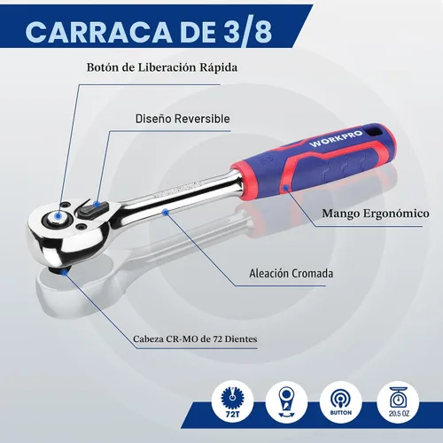 Miniatura 4 de WORKPRO 32 llaves métricas de 3/8 pulgadas y trinquete, incluyendo 30 enchufes métricos profundos y poco profundos, 0.236-0.787 in con organizador