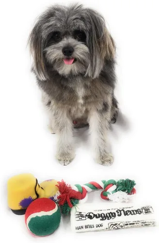 Miniatura 4 de Calcetín de Navidad para perros. Juguete de periódico chirriante, juguete de bota chirriante, una pelota de tenis roja, verde y blanca y una cuerda