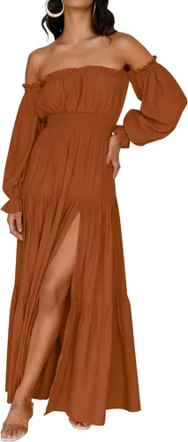 Miniatura 120 de ZESICA - Vestido largo, bohemio y sexy, con hombros descubiertos y manga larga fruncida, con elástico fruncido, cintura alta y abertura lateral