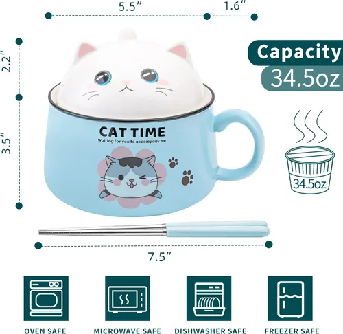 Miniatura 2 de Juego de cuencos para ramen con palillos, lindos cuencos de fideos instantáneos para ramen con diseño de gato lindo con tapa, cuencos de cerámica