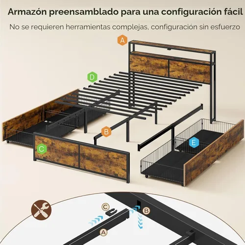 Miniatura 3 de Rolanstar Marco de cama twin con 4 cajones de almacenamiento, estación de carga y luces LED, cama de plataforma de metal con cabecera de Marrón