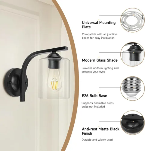 Miniatura 2 de CANMEIJIA Aplique de pared 1 luz, moderno accesorio de iluminación de pared, luces de tocador de baño con lámpara de pared negra mate para Negro