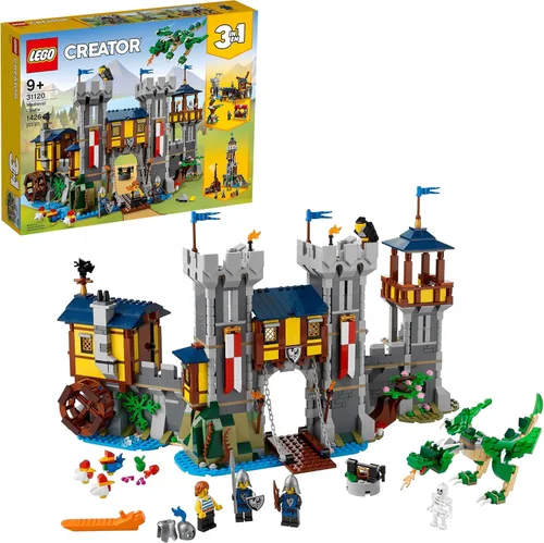 Miniatura 8 de LEGO Creator 3 en 1 - Juguete de castillo medieval que se transforma de castillo a torre en mercado, incluye figura de esqueleto y dragón, con 3