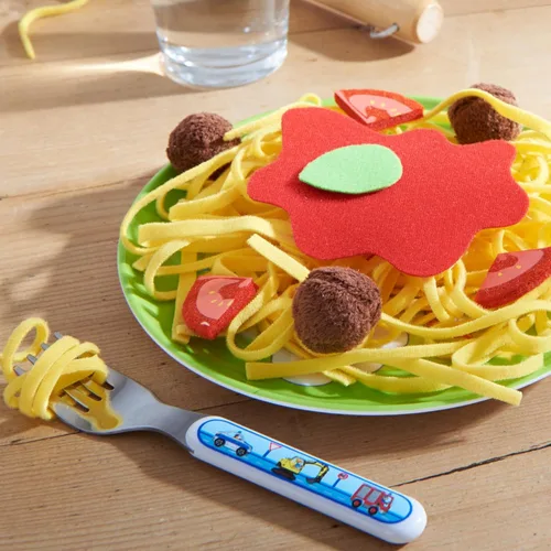 Miniatura 3 de HABA Juego de comida suave de espaguetis y albóndigas con plato, juguete de cocina para niños pequeños y niños, divertido juego de cocina