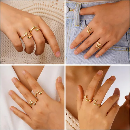 Miniatura 5 de M MOOHAM Anillos de oro para mujeres y niñas – Anillos iniciales con placa de oro de 14 quilates para mujer, no se deslustra, letra A-Z, delicado