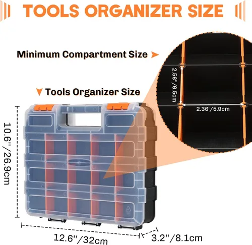 Miniatura 2 de Organizador de piezas pequeñas Caja de almacenamiento para herramientas, 34 compartimentos, caja organizadora de doble cara con divisores