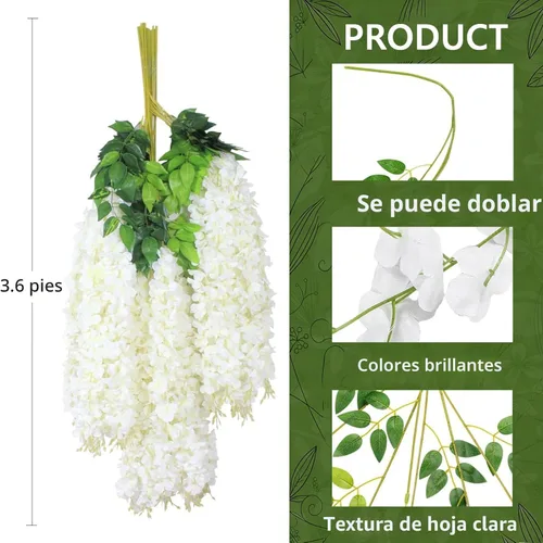 Miniatura 3 de 12 piezas de flores artificiales de glicinia de 3.6 pies por pieza, vid artificial blanca densa, guirnalda colgante de seda, flores artificiales