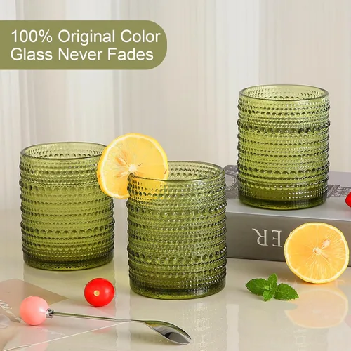 Miniatura 3 de ZMOWIPDL Juego de vasos de vidrio vintage de 6, vasos de 12 oz con asa de vidrio, jarra de agua verde en relieve, para cerveza, cóctel, whisky, jugo