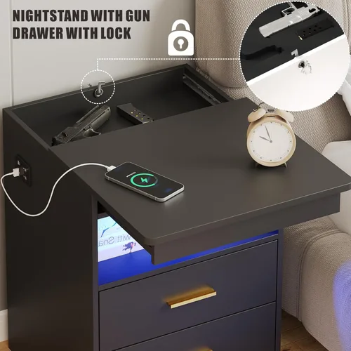 Miniatura 3 de Mesita de noche con cajón para armas, mesa de noche con carga y puerto USB y tipo C, mesita de noche LED con luz sensora humana, mesa auxiliar