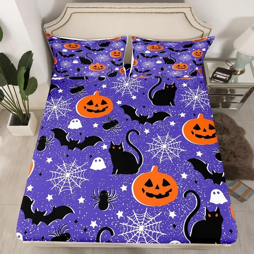 Miniatura 27 de Juego de sábanas bajeras con bonito diseño de gato negro para niños y niñas, diseño de dibujos animados de Halloween, gato, animales, sábanas