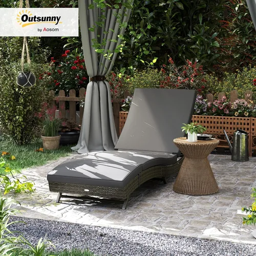 Miniatura 2 de Outsunny Tumbona de mimbre para exteriores de ratán de polietileno acolchado para patio, tumbona con respaldo ajustable de 5 niveles y ruedas