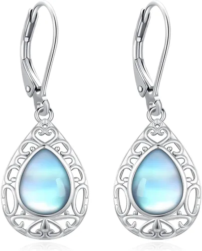 Miniatura 60 de Aretes colgantes de plata de ley con diseño de árbol de la vida, flor, abeja, animales, gato, colibrí, piedra lunar, turquesa, aretes con cierre