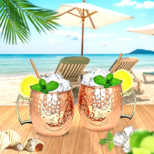 Miniatura 5 de LINALL Moscow Mule - Juego de 2 tazas grandes forradas de acero inoxidable chapado en cobre de 18 onzas, tazas martilladas seguras para alimentos a
