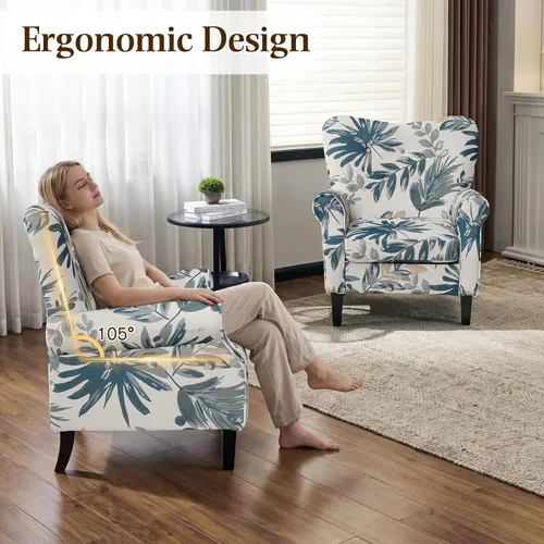 Miniatura 7 de YOLENY Silla decorativa moderna, sillón con respaldo alto, sofá individual tapizado con botones de tela y patas de madera para sala de estar, Azul