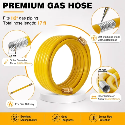 Miniatura 3 de 17ft 1/2'' CSST Gas Line Flexible Gas Line 1/2 Pipe with 2 Male Fittings Corrugated Stainless Steel Tubing for Natural Gas Propane
