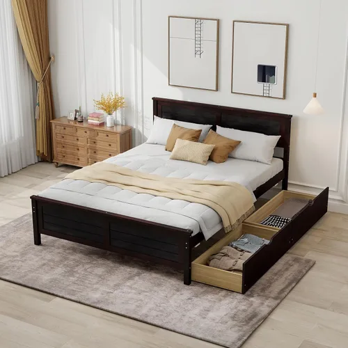 Miniatura 13 de Giantex Cama individual de madera con 2 cajones de almacenamiento, plataforma de madera maciza con cabecero, base de colchón de soporte de listones