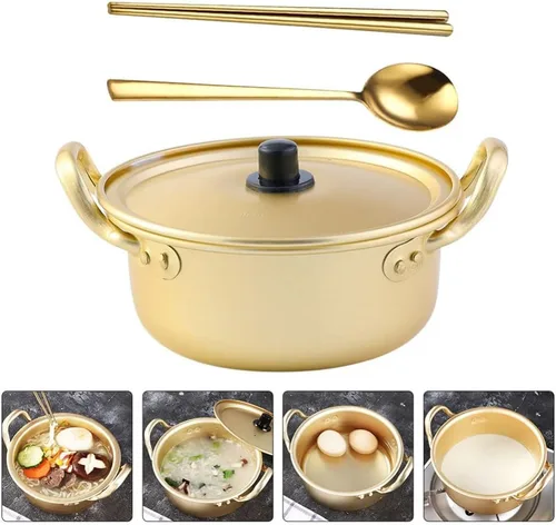 Miniatura 2 de Housoutil Olla ramen 1 juego de olla de ramen coreano con tapa, cuchara, palillos tradicionales de aluminio instantáneo Ramyun para el hogar