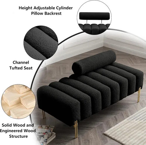 Miniatura 3 de Setawix Banco otomano de tela de peluche, extremo de la cama, canal, copetudo, para dormitorio, ventana, bancos de entrada, rectangular, de sherpa