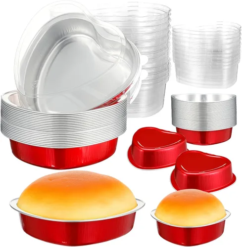Miniatura 8 de Meanplan Paquete de 30 moldes de aluminio en forma de corazón de 9 onzas, 3.4 y 1.86 onzas, molde de aluminio desechable para pasteles de San