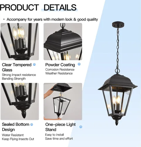Miniatura 5 de Lámpara colgante para exteriores, 3 luces colgantes para exteriores, lámpara colgante extra grande para exteriores con vidrio transparente