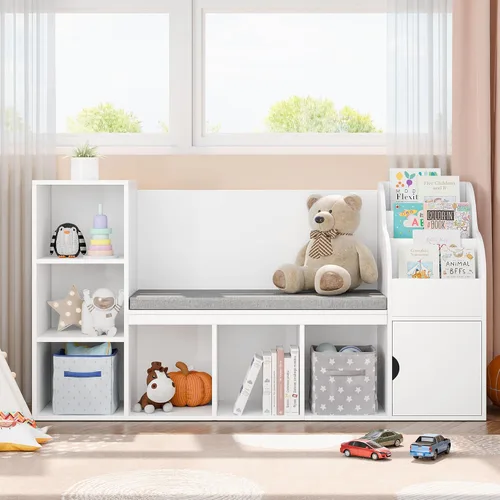 Miniatura 10 de MU Estantería para niños con rincón de lectura, organizador de almacenamiento de juguetes de madera con pizarra y banco, rincón de lectura