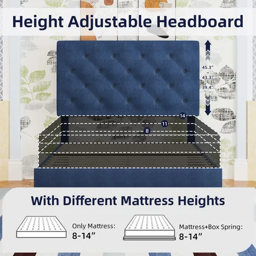 Miniatura 5 de BarnFurin Marcos de cama individual con cabecera capitoné con botones, cama de plataforma tapizada de lino con soporte de listones de madera, fácil