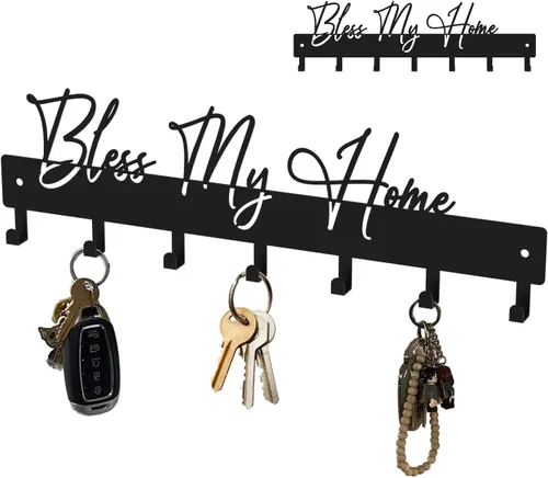 Exquisito soporte de pared con frase de moda, ganchos para llaves Bless My Home para decoración de pared, colgador de llaves de metal negro con 7
