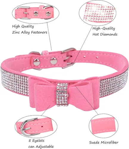 Miniatura 3 de Collar de perro con diamantes de imitación para perros pequeños, medianos y grandes, collares ajustables de cuero gamuza con brillantes para perros