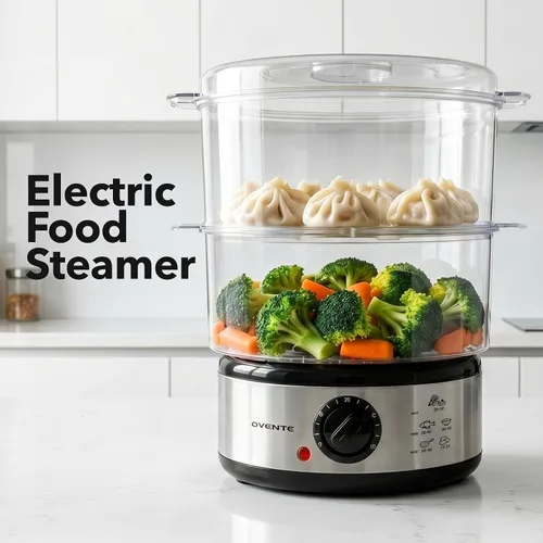 Miniatura 8 de OVENTE Vaporizador eléctrico de alimentos de 2 niveles, olla de vapor apilable de acero inoxidable de 5 cuartos de galón con potencia de 400 W