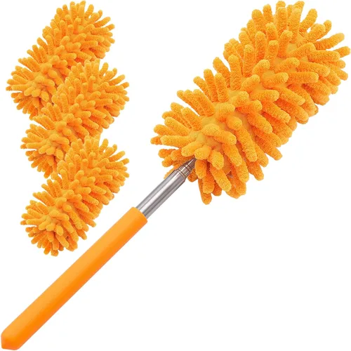 Miniatura 7 de Plumero de microfibra para limpieza, plumeros lavables a mano con 2 cabezales de microfibra reemplazables, poste extensible, herramienta de cepillo