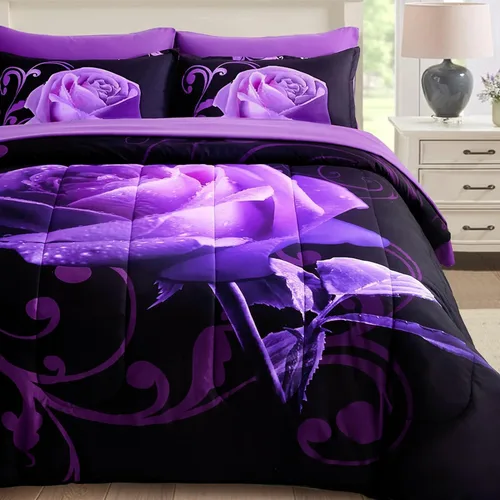 WONGS BEDDING Juego de edredón morado tamaño completo, 7 piezas reversibles con patrón de rosas moradas en una bolsa, juego de edredón ligero y