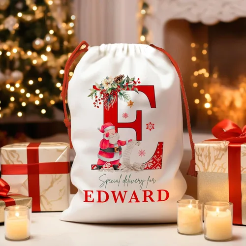 Miniatura 6 de Saco de Santa de Navidad inicial personalizado, bolsa de regalo de Navidad personalizada, bolsa de cordón con monograma