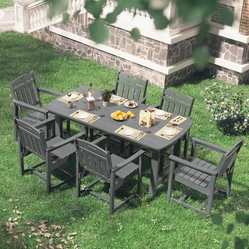 Miniatura 7 de Juego de comedor de patio al aire libre de HDPE con mesa y 6 sillas, juego de mesa y sillas de 7 piezas para todo clima, agujero para sombrilla de 2