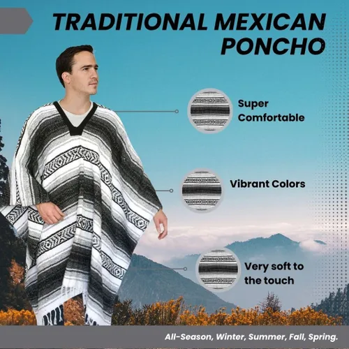Miniatura 81 de Artisans Bazaar Poncho tradicional mexicano de Baja para hombres y mujeres, auténtico sarape de Gaban, manta de vaquero Pancho Jorongo