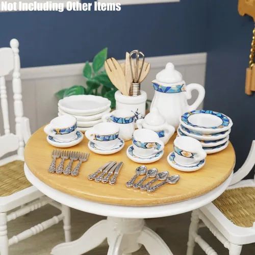 Miniatura 7 de Odoria 1/12 Juego de té de porcelana en miniatura Platos y cubiertos Utensilios de cocina Accesorios para casa de muñecas, azul mediterráneo
