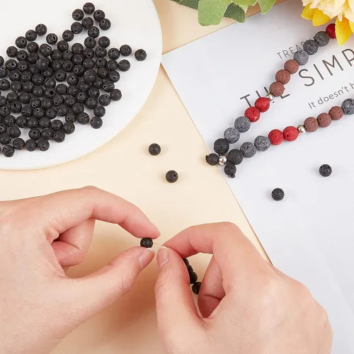 Miniatura 3 de PH PandaHall 600 cuentas redondas de lava negra de 0.236 pulgadas para difusor, fabricación de joyas, pulseras de yoga Negro